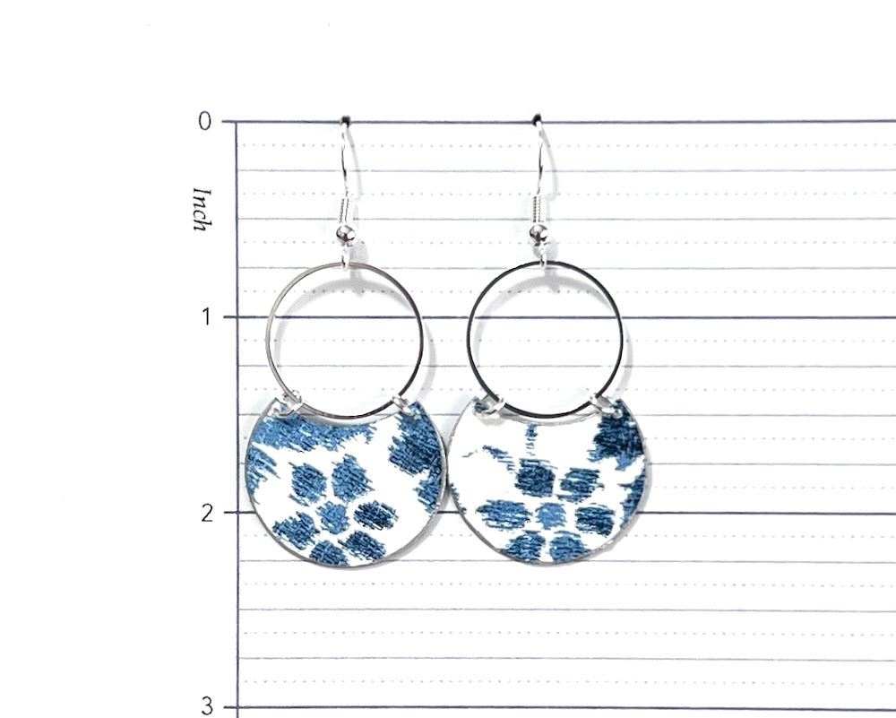 Blue Floral Print Crescents with Silver Circles Earrings