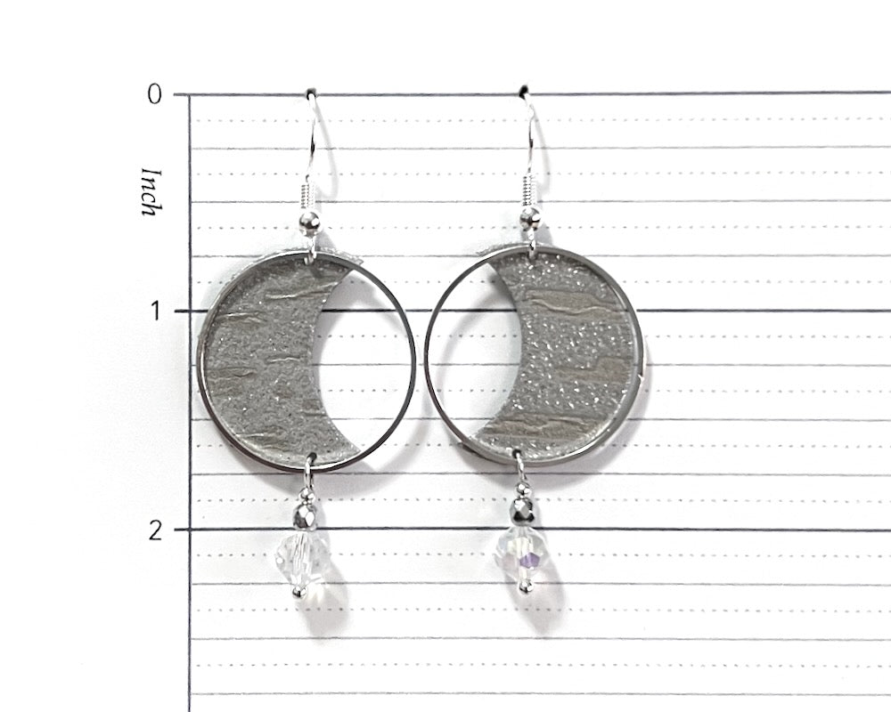 Sparkly Grey Crescent Moon Earrings with Crystal Bead Dangles