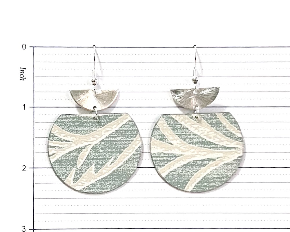 Sage Green Organic Print Wallpaper Earrings with Silver Semicircle Accents