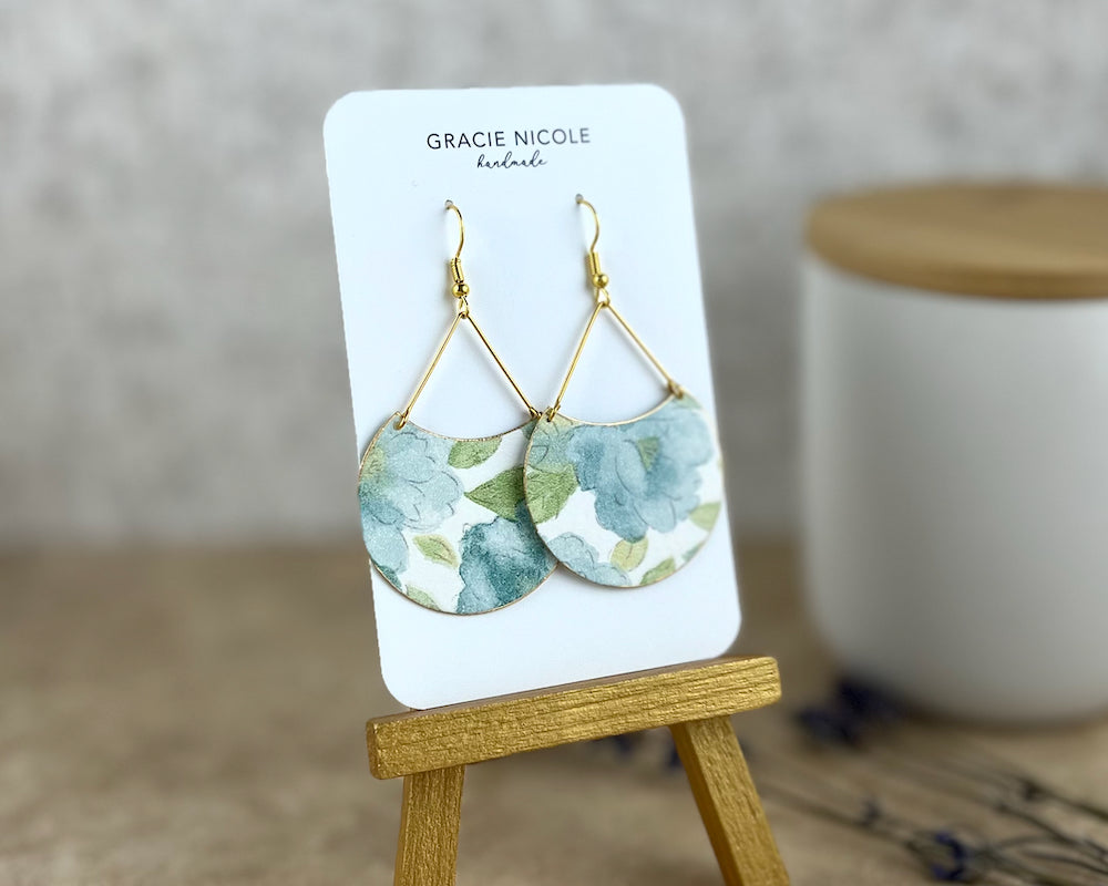 Blue and Green Floral Crescent Earrings