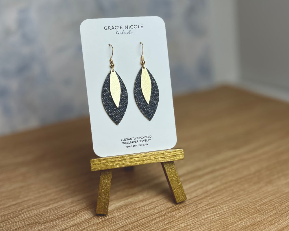 Denim Blue Earrings Marquise Earrings with Gold Leaf Charms