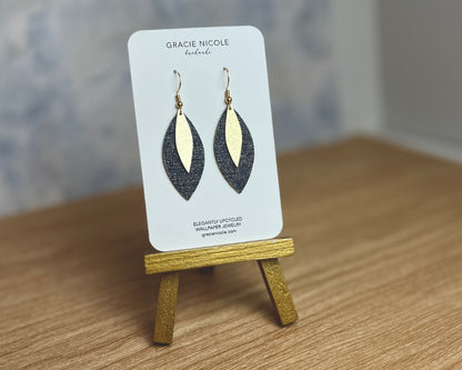 Denim Blue Earrings Marquise Earrings with Gold Leaf Charms