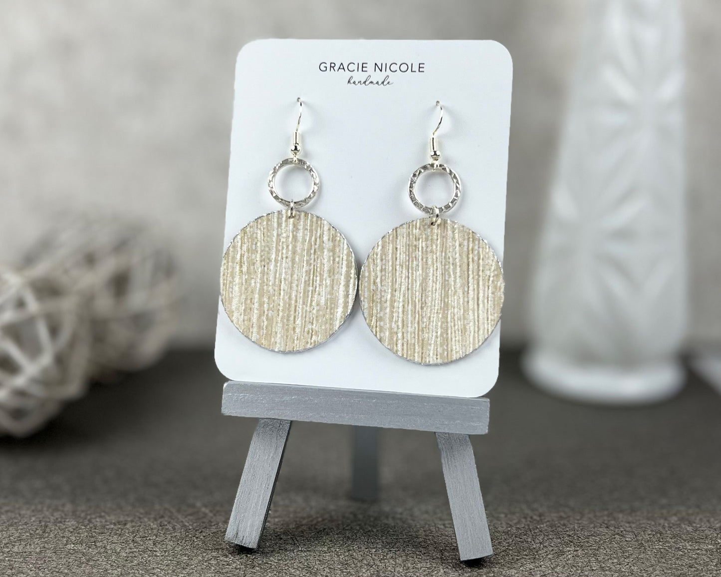 Cream "Silk Georgette" Textured Circle Earrings with Silver Circle Accents