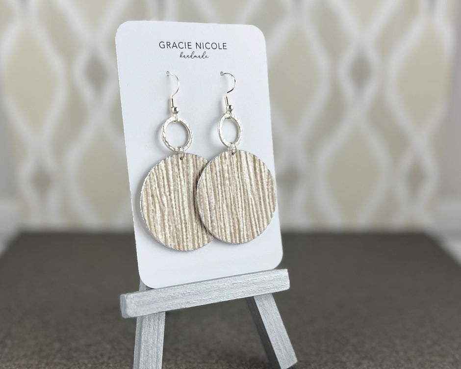 Cream "Silk Georgette" Textured Circle Earrings with Silver Circle Accents