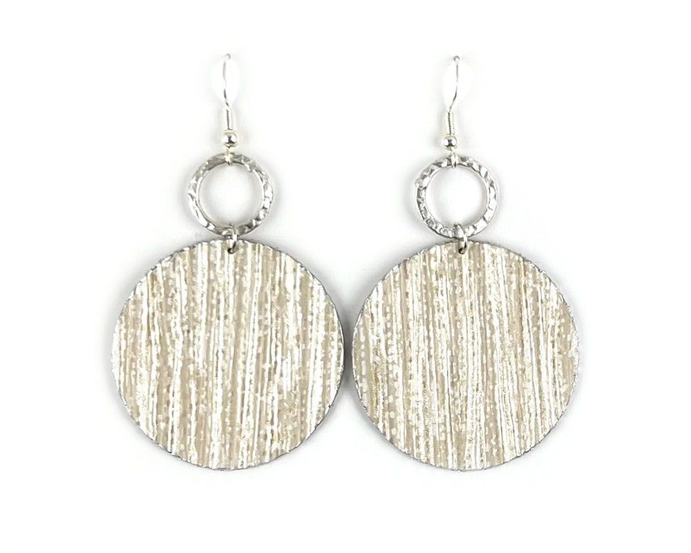 Cream "Silk Georgette" Textured Circle Earrings with Silver Circle Accents