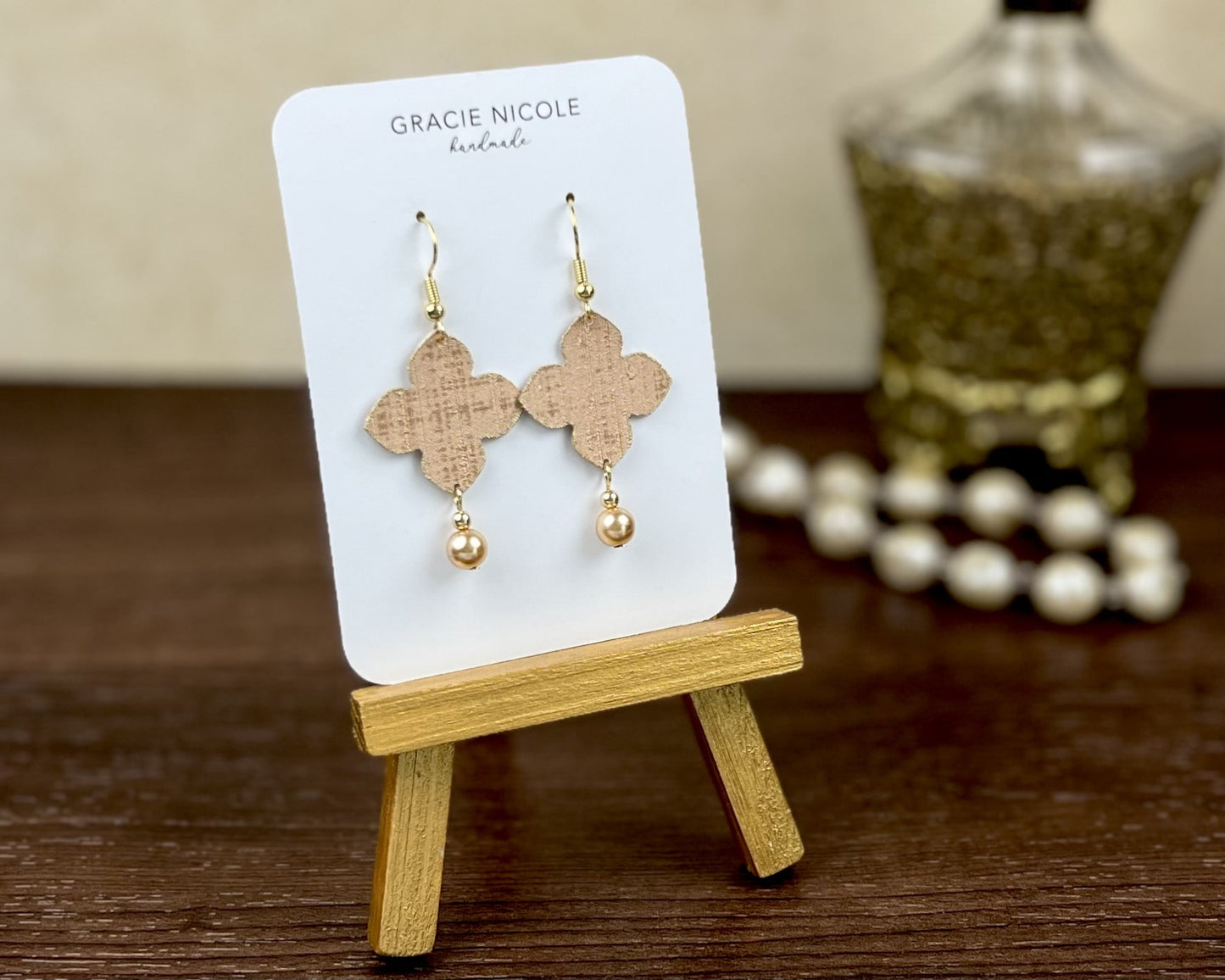 Dusty Pink Quatrefoil Earrings with Pearl Dangles