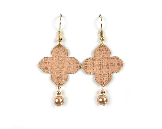 Dusty Pink Quatrefoil Earrings with Pearl Dangles