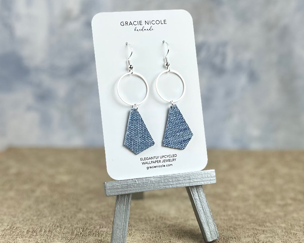 Faded Denim Blue Dangle Earrings with Silver Circles