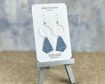 Faded Denim Blue Dangle Earrings with Silver Circles