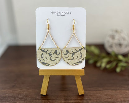 Gold and Grey Scroll Design Semicircles with Gold Chain