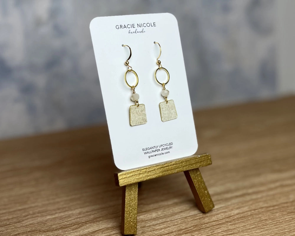 Delicate Gold and Ivory Squares Wallpaper Dangle Earrings