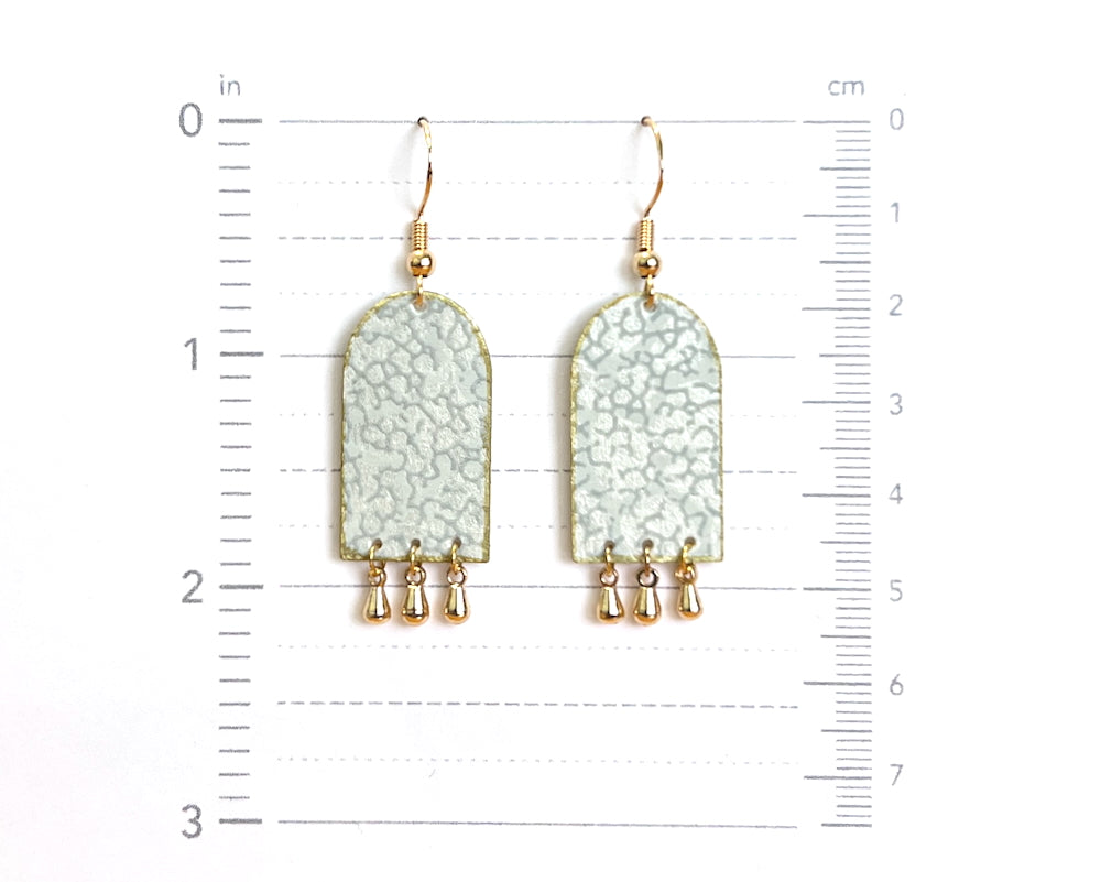 Pastel Green Arch Earrings with Gold Teardrop Dangles