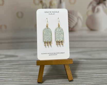 Pastel Green Arch Earrings with Gold Teardrop Dangles