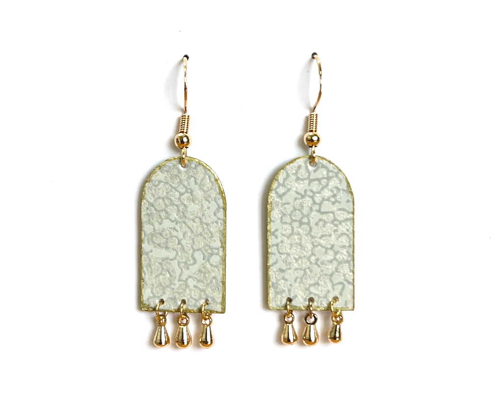 Pastel Green Arch Earrings with Gold Teardrop Dangles