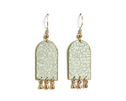 Pastel Green Arch Earrings with Gold Teardrop Dangles