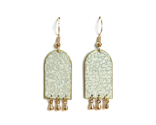 Pastel Green Arch Earrings with Gold Teardrop Dangles