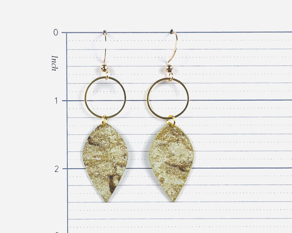 Green Cork Wallpaper Leaf Drop Earrings with Gold Circles