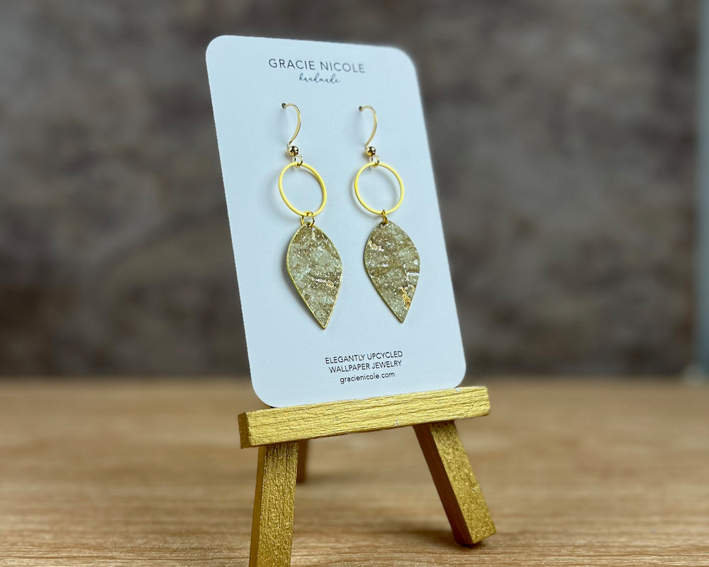 Green Cork Wallpaper Leaf Drop Earrings with Gold Circles