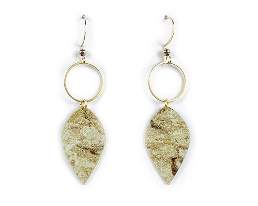 Green Cork Wallpaper Leaf Drop Earrings with Gold Circles