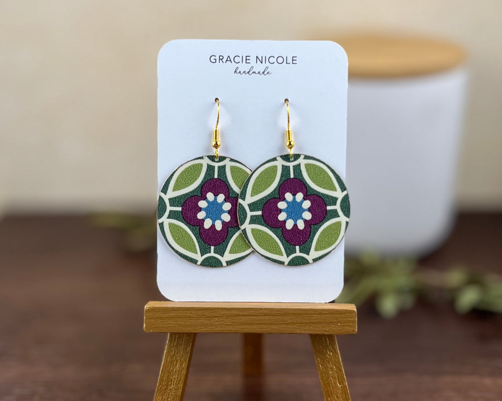 Groovy Green, Blue and Red Flower Print Earrings