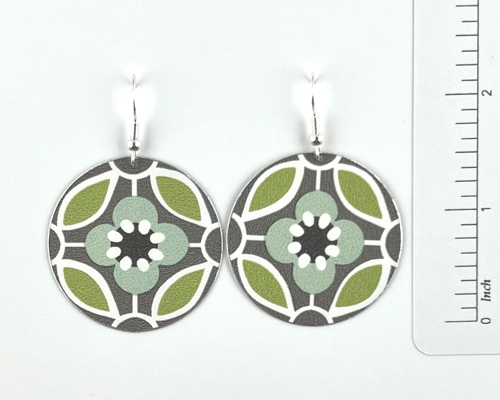 Groovy Green and Grey Flower Print Earrings