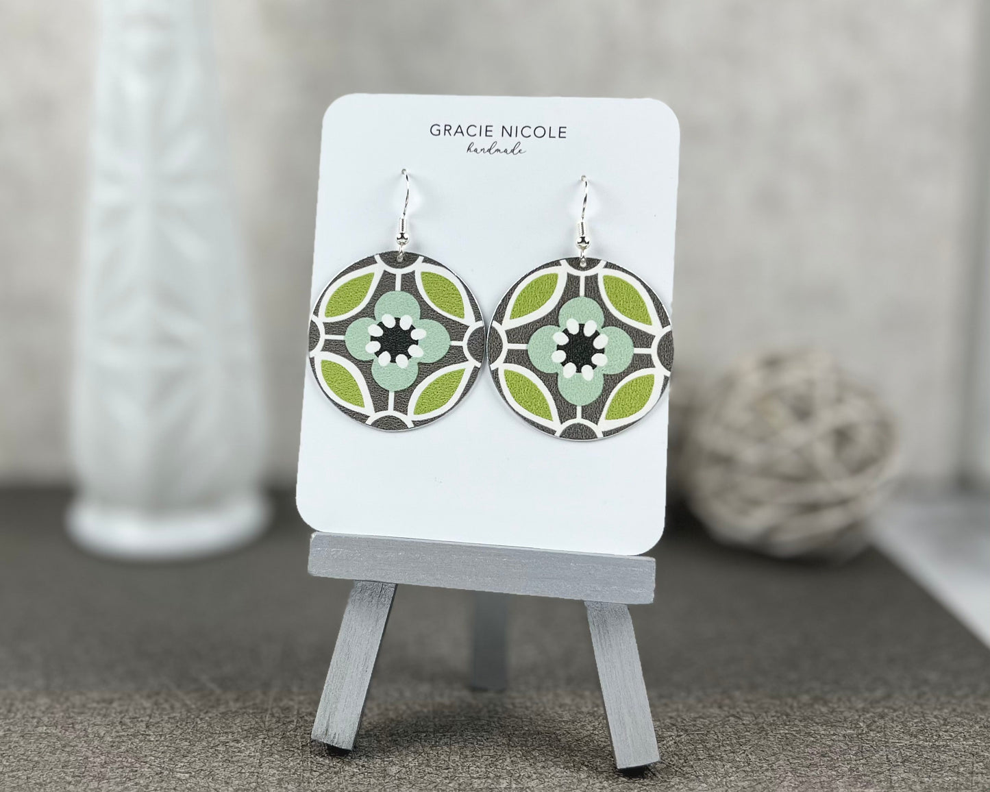 Groovy Green and Grey Flower Print Earrings