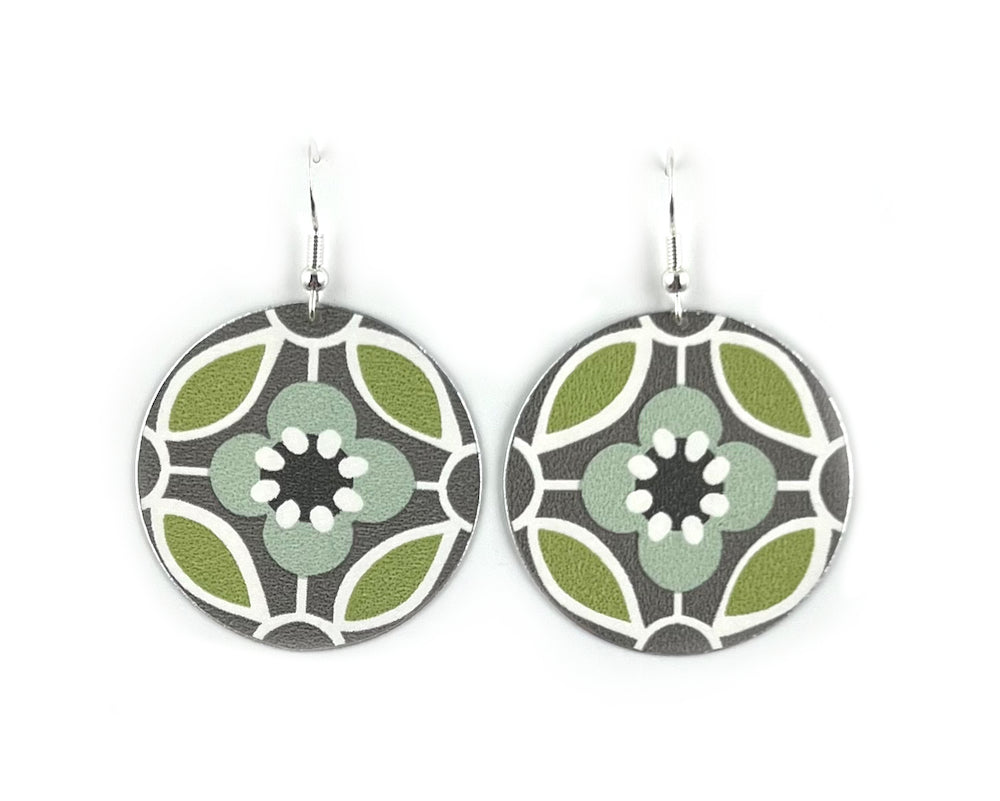 Groovy Green and Grey Flower Print Earrings