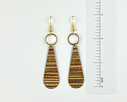 Long Teardrop Earrings - Red and Gold Faux Grasscloth with Gold Circles