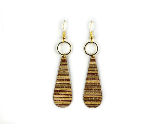 Long Teardrop Earrings - Red and Gold Faux Grasscloth with Gold Circles