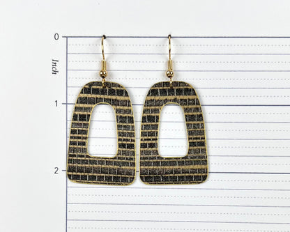 Black and Gold Grasscloth Print Open Arch Earrings - Large