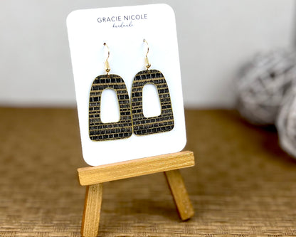 Black and Gold Grasscloth Print Open Arch Earrings - Large