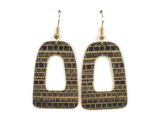 Black and Gold Grasscloth Print Open Arch Earrings - Large