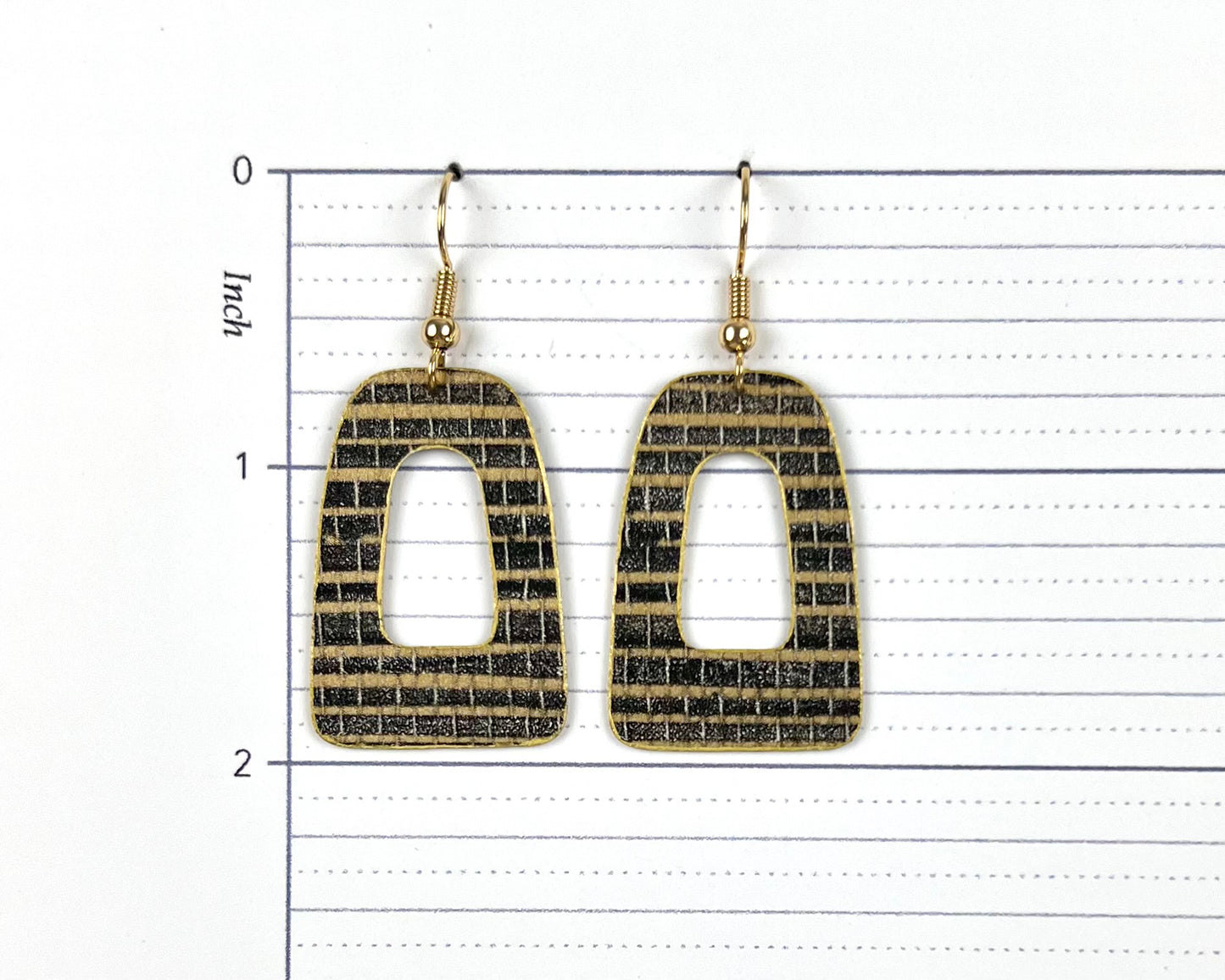 Black and Gold Grasscloth Print Open Arch Earrings - Small