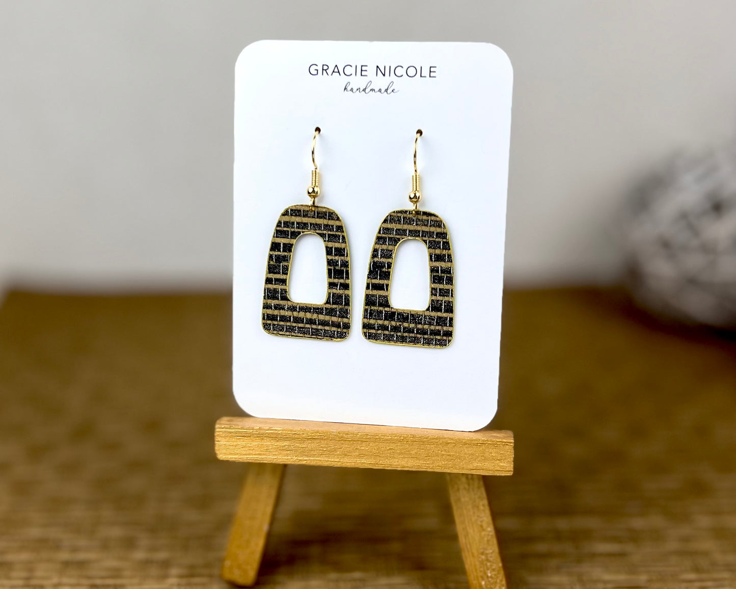 Black and Gold Grasscloth Print Open Arch Earrings - Small