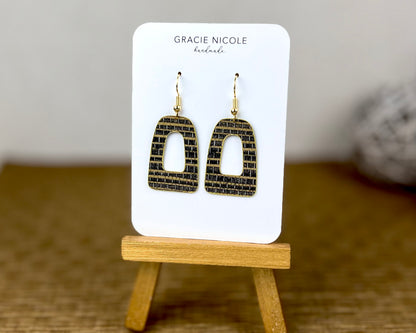 Black and Gold Grasscloth Print Open Arch Earrings - Small