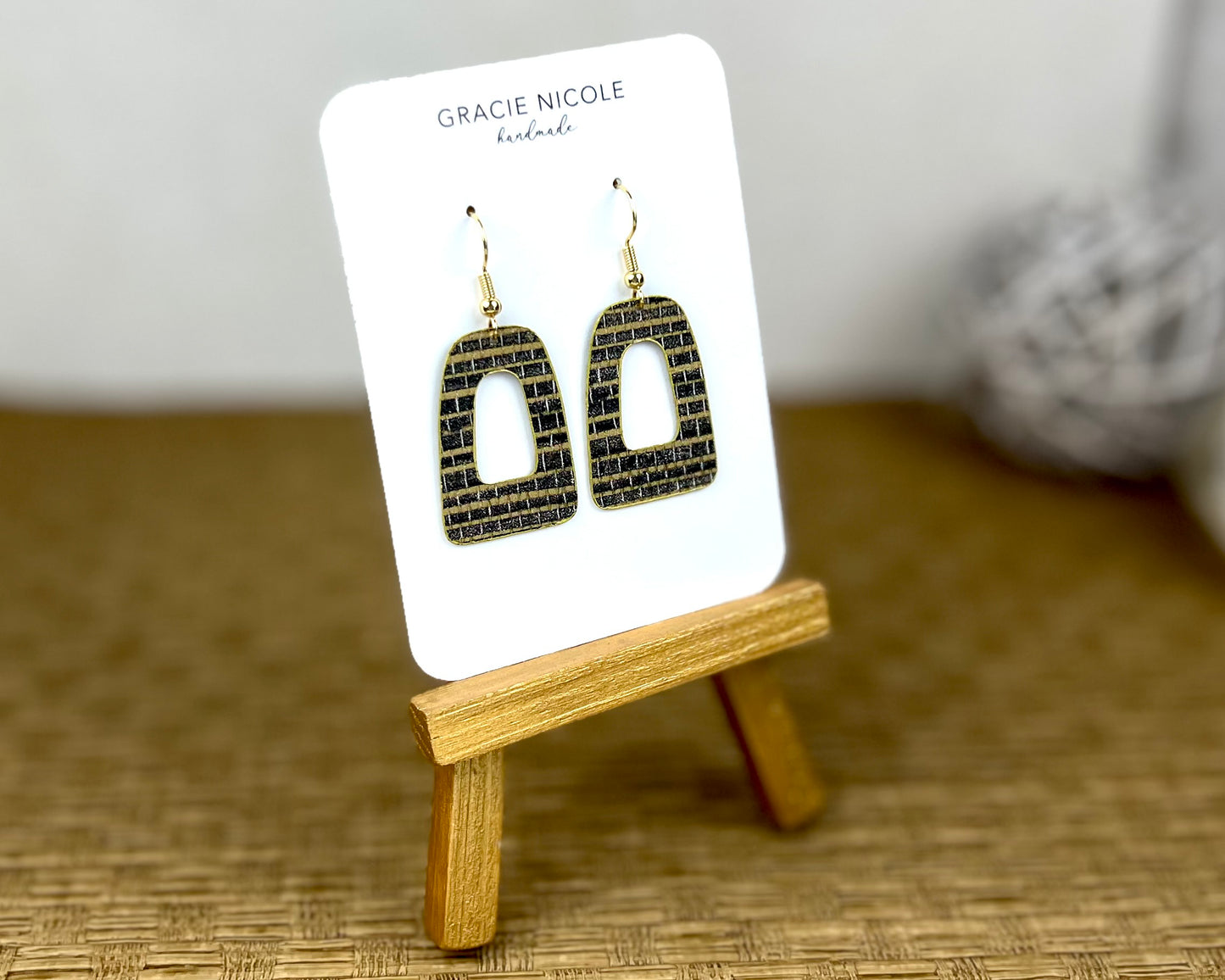 Black and Gold Grasscloth Print Open Arch Earrings - Small