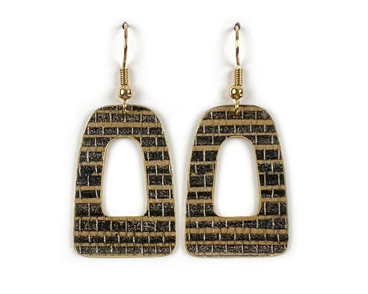 Black and Gold Grasscloth Print Open Arch Earrings - Small