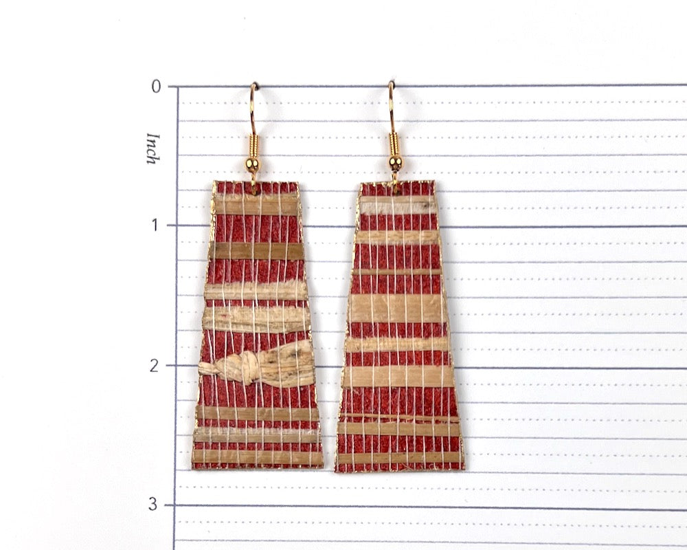 Red and Tan Genuine Grasscloth Long Rectangle Earrings