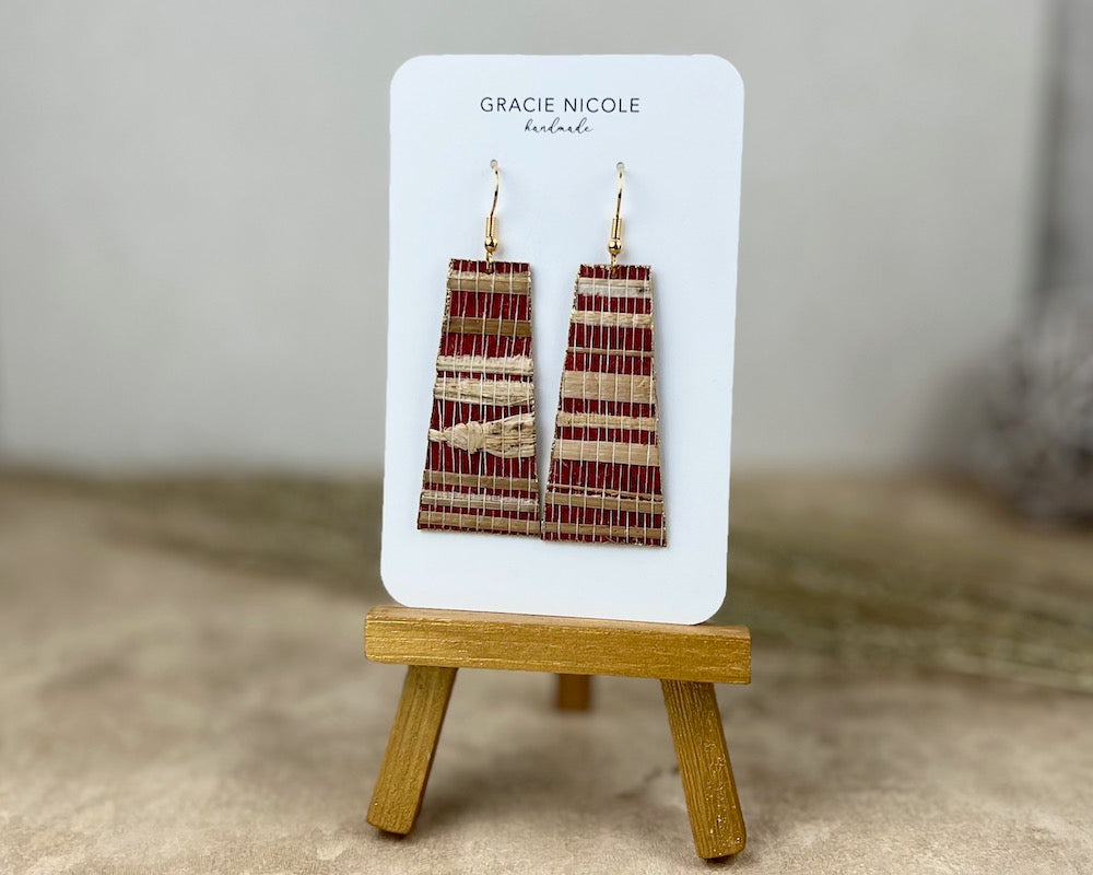 Red and Tan Genuine Grasscloth Long Rectangle Earrings