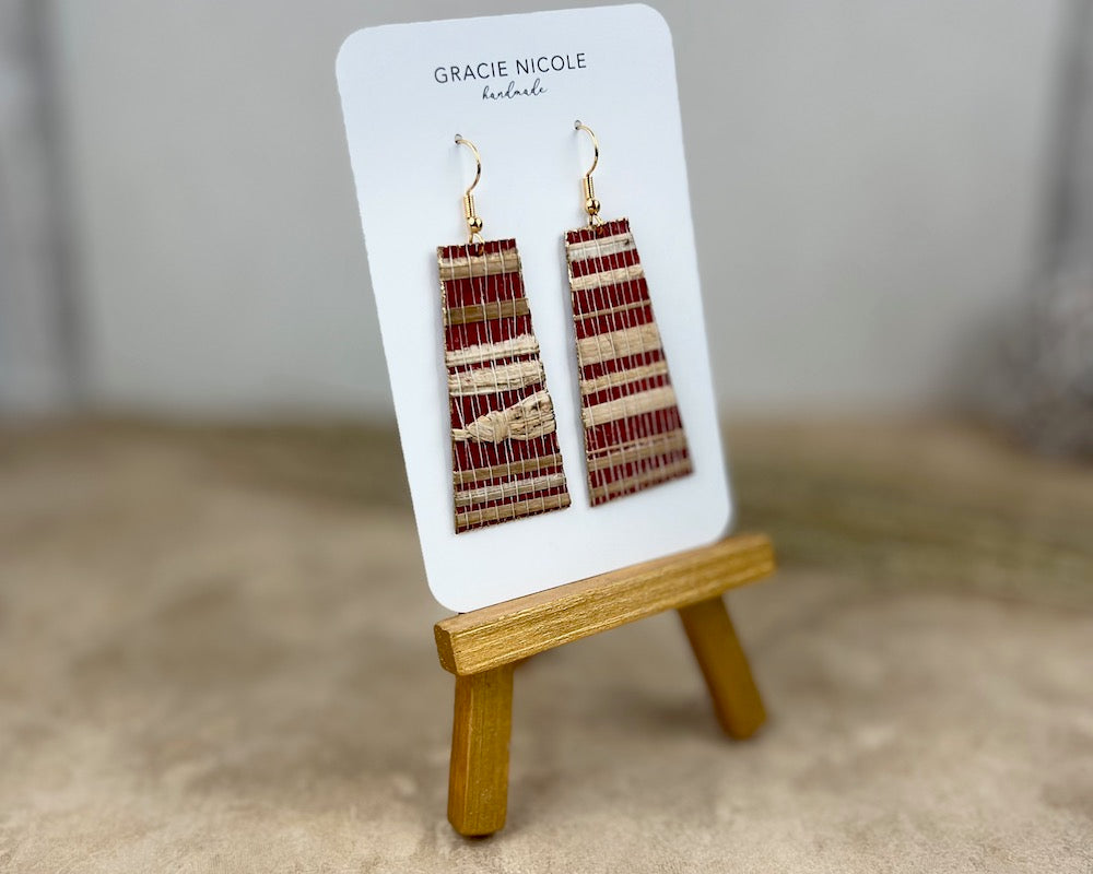 Red and Tan Genuine Grasscloth Long Rectangle Earrings