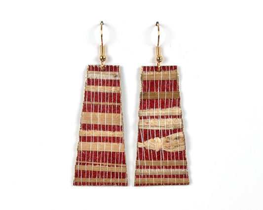 Red and Tan Genuine Grasscloth Long Rectangle Earrings