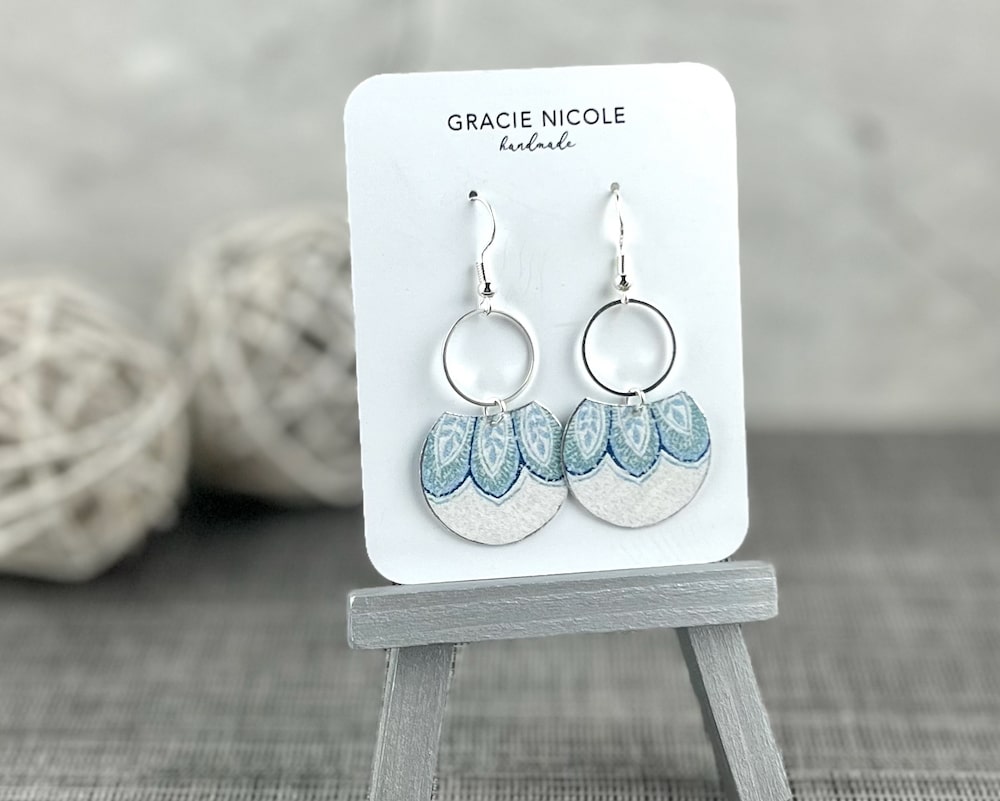 Sweet Blue and Silver Earrings with Floral Leaf Print