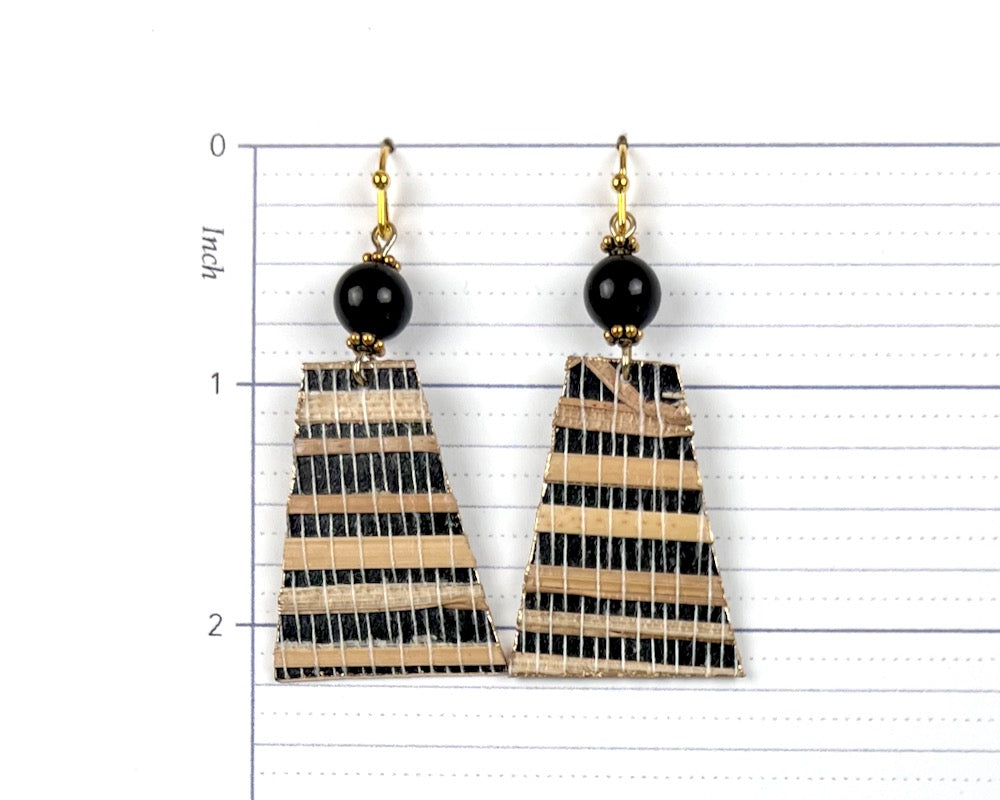 Black and Tan Genuine Grasscloth Earrings with Black Bead Accents