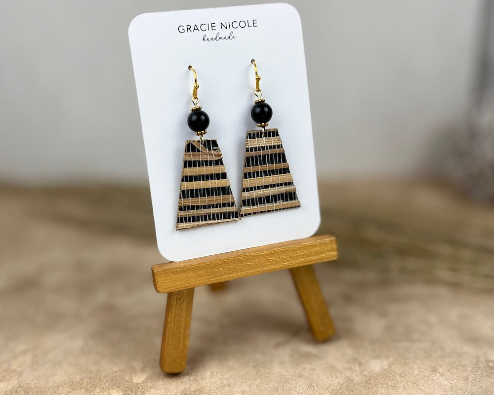 Black and Tan Genuine Grasscloth Earrings with Black Bead Accents