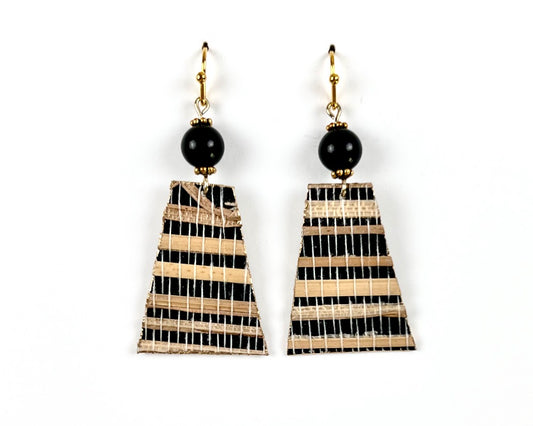 Black and Tan Genuine Grasscloth Earrings with Black Bead Accents