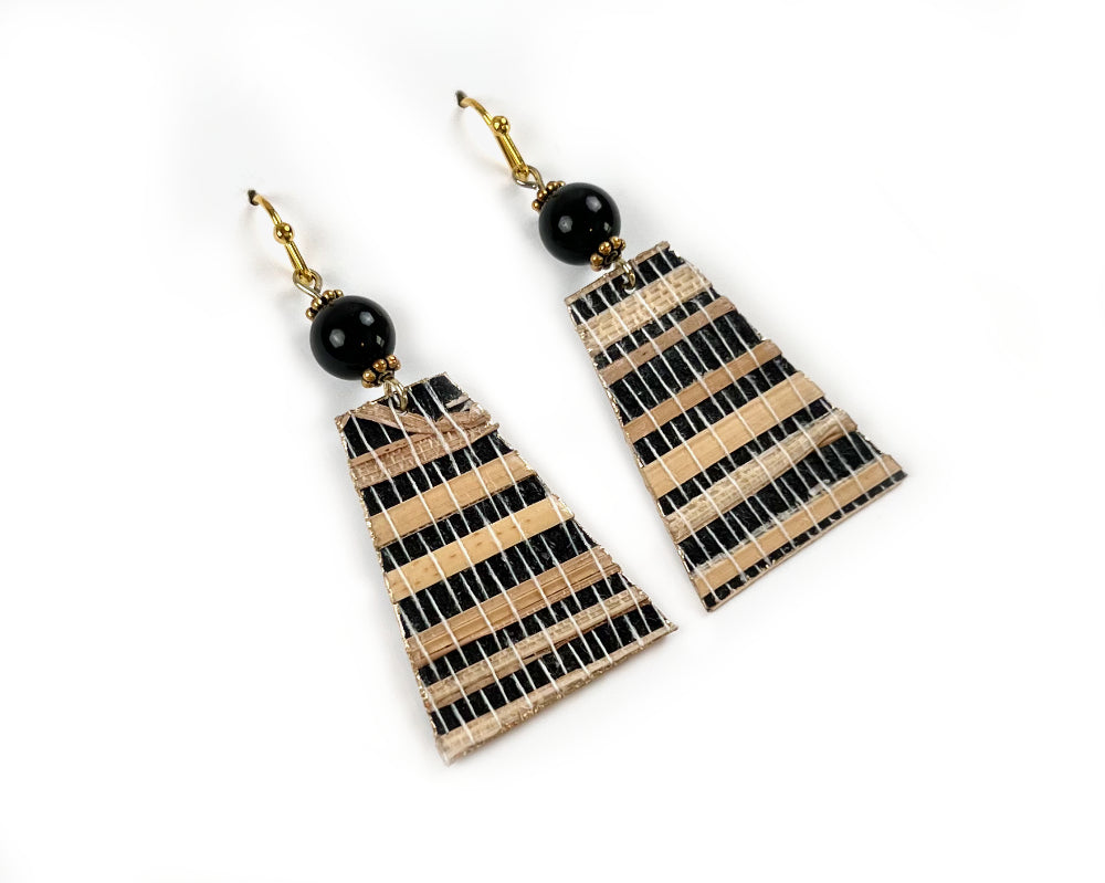 Black and Tan Genuine Grasscloth Earrings with Black Bead Accents