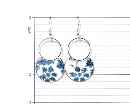 Blue Floral Print Crescents with Silver Circles Earrings