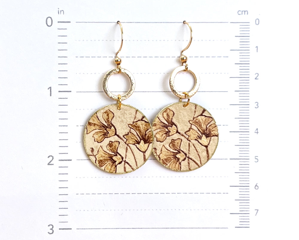 Vintage Feel Floral Print Earrings with Brushed Gold Circle Accents