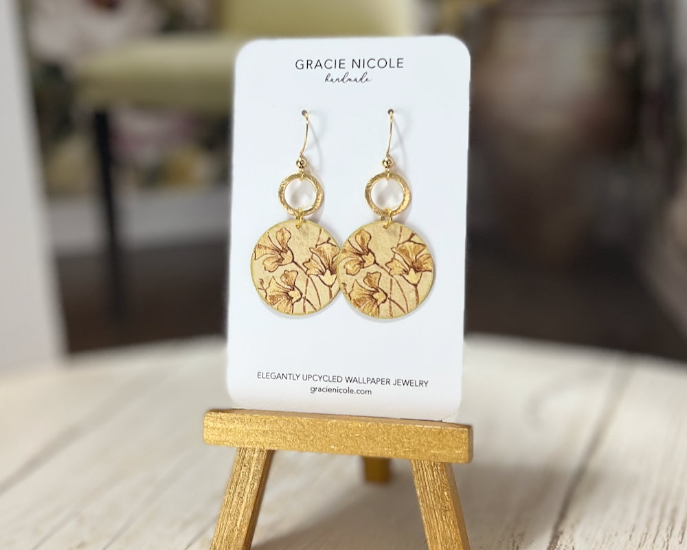 Vintage Feel Floral Print Earrings with Brushed Gold Circle Accents