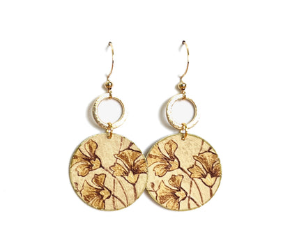 Vintage Feel Floral Print Earrings with Brushed Gold Circle Accents